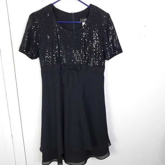 Molly Malloy Dress Womens 10 Petite Sequin Bow Waist Short Sleeves Modest - Picture 1 of 11